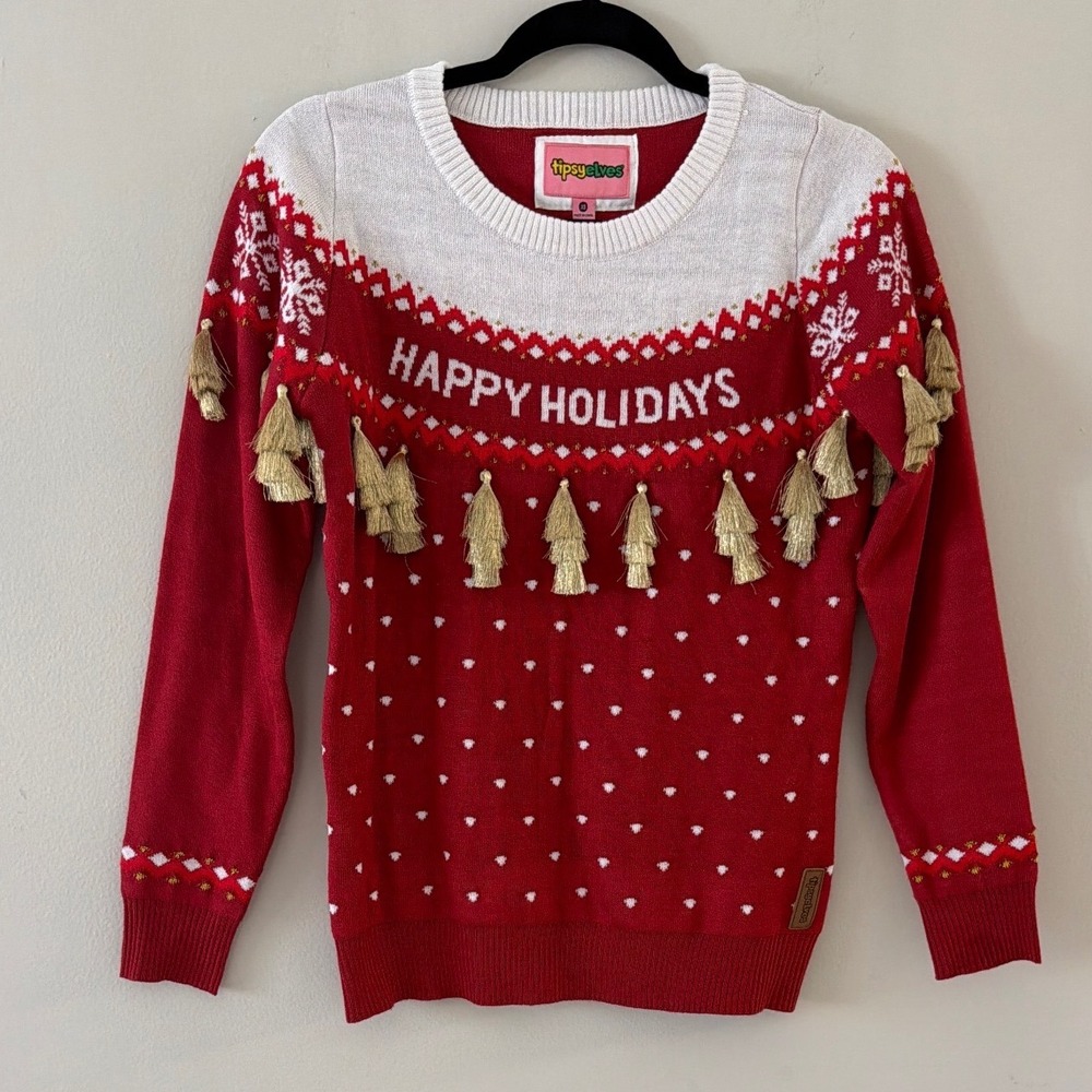 Tipsy Elves Women XS Happy Holidays Ugly Christmas Sweater Tassels Red